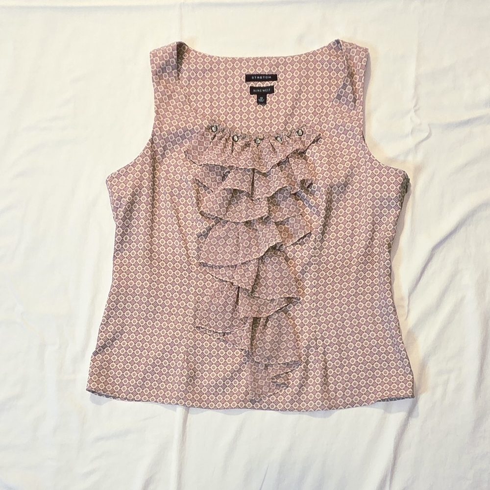 Nine West Sleeveless Ruffle Blouse - Pink Pattern